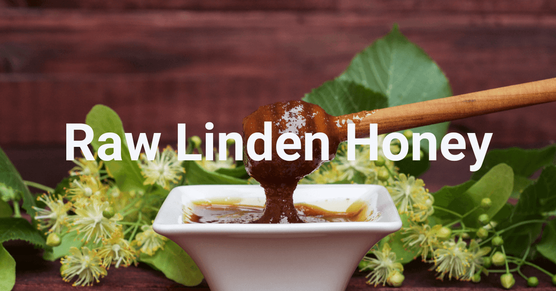 Raw linden honey dripping from a honey dipper into a white bowl, surrounded by linden flowers.